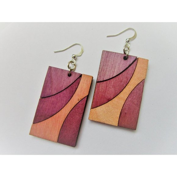 Pink and purple rectangle wooden earring - painted boho earrings stainless posts - Picture 5 of 8